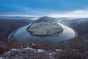 Loop of river Saar in winter, Hamm, Saar Valley, Saarland, Germany Loop of river Saar in winter, Hamm, Saar Valley, Saarland, Germany
